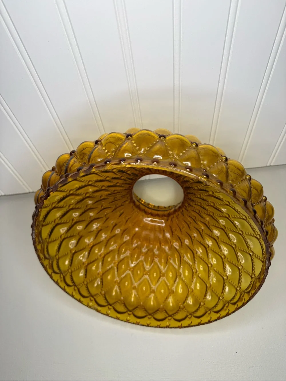 VTG Large 10” Fitter Amber Glass Hurricane Lamp Shade Diamond Quilted Ruffle